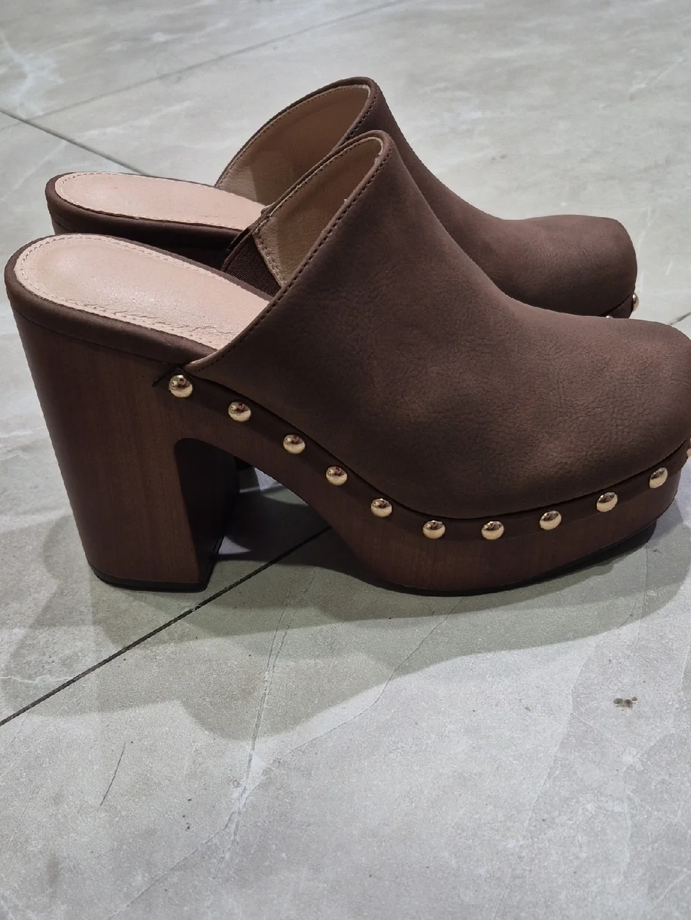 Brown Studded Platform Clog Mules - Picture 1 of 9